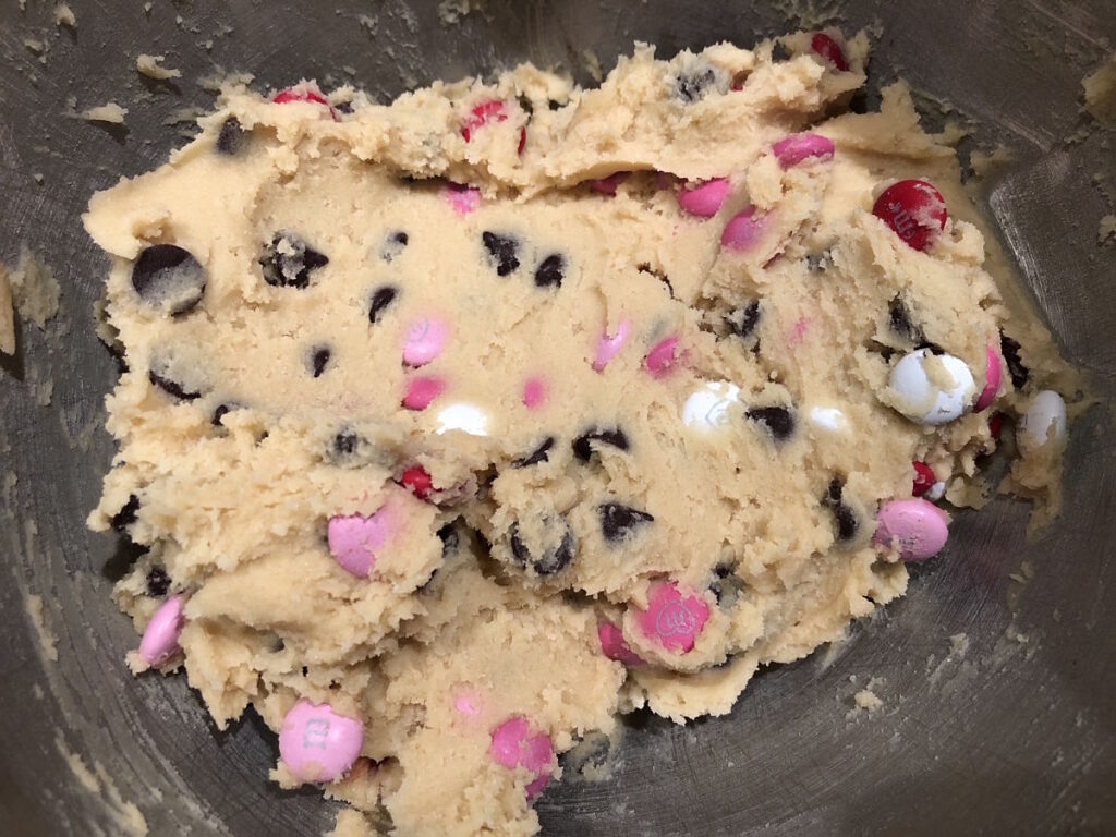 Use a rubber spatula to fold 1/2 cup of the M&M's and the chocolate chips into the dough.